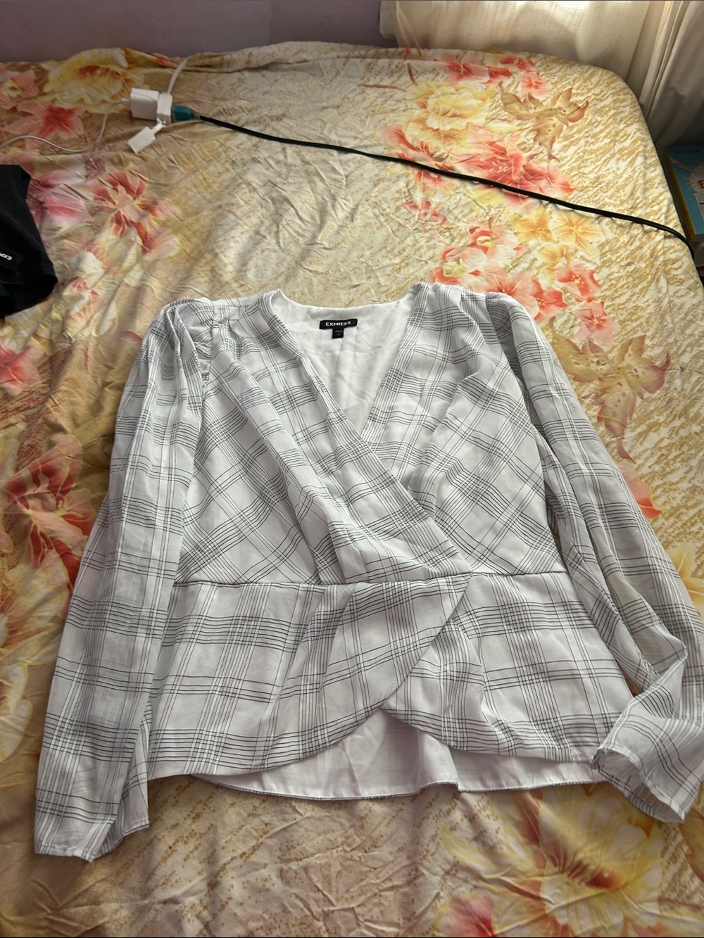 Express Gray Plaid Wrap Blouse